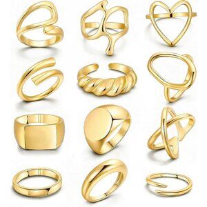 12PCS Gold Stackable Rings Set for Women 18K Gold Plated Adjustable Statement